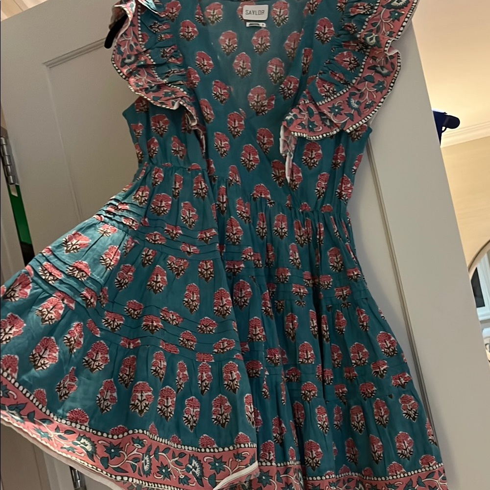 SAYLOR blue and pink block print Flutter Sleeve Sundress, size S. Worn once!
